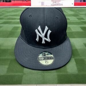 New Era 59fifty 7 1/8 Fitted NY Yankees Baseball Cap Hat Black 100% Wool MLB